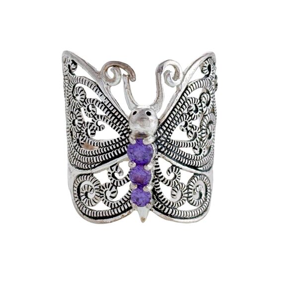 AS IS Charles Winston Sterling Silver Filigree Amethyst Butterfly Ring Size 7 - Picture 1 of 9